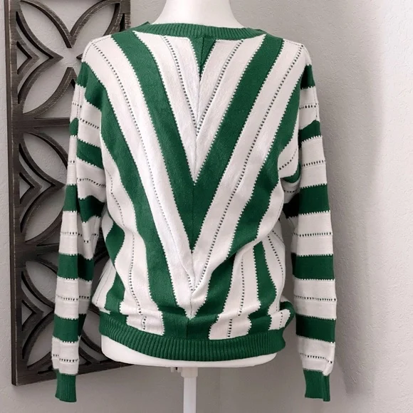 PRETTY GARDEN Pullover Knit Sweater V-Neck Color Block Stripe Green Whit… - Picture 3 of 8